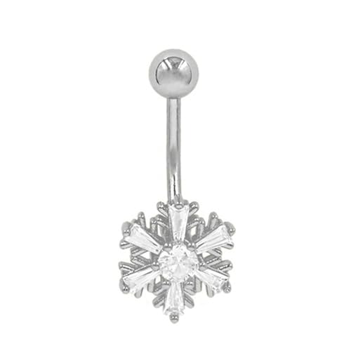 Dainty Flower Dangle Belly Button Ring CZ Crystal Snowflake Navel Barbell Rings Dangling Christmas Body Piercing Jewelry for Women - color: Silver