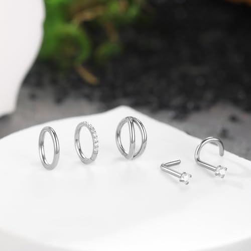 Xpircn 5pcs Hoop Nose Rings and L Shaped Nose Rings Stud Set 18G/20G Stainless Steel CZ Helix Conch Daith Tragus Cartilage Hoop Earrings for Women 6mm 7mm 8mm 10mm - color: Silver, size: 18G, 6mm hoop & 7mm studs