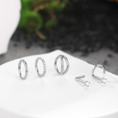 Xpircn 5pcs Hoop Nose Rings and L Shaped Nose Rings Stud Set 18G/20G Stainless Steel CZ Helix Conch Daith Tragus Cartilage Hoop Earrings for Women 6mm 7mm 8mm 10mm - color: Silver, size: 18G, 6mm hoop & 7mm studs