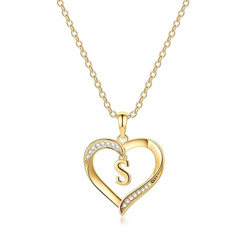 Yesteel Heart Initial Necklaces for Women, 14K Gold Plated Cubic Zirconia Heart Pendant Necklace, Dainty Initial Charm Necklace Letter A to Z Jewelry for Women Girls - style: S