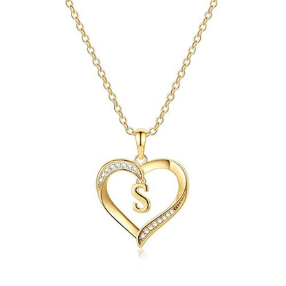 Yesteel Heart Initial Necklaces for Women, 14K Gold Plated Cubic Zirconia Heart Pendant Necklace, Dainty Initial Charm Necklace Letter A to Z Jewelry for Women Girls - style: S