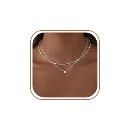 Dainty 14K Gold Plated/Silver Cubic Zirconia Diamond Necklaces for Women,Simple CZ Layered Gold Silver Necklaces Stack Trendy Jewelry Gifts - style: Layered Chain CZ-Silver
