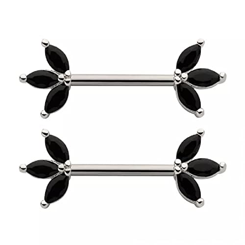 Pierced Owl 14GA 316L Stainless Steel Triple CZ Crystal Marquise Ends Nipple Barbells, Sold as a Pair - style: Silver Tone/Black