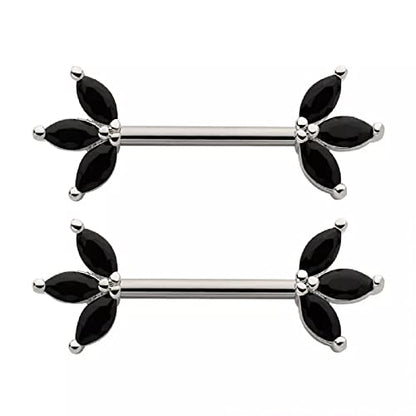 Pierced Owl 14GA 316L Stainless Steel Triple CZ Crystal Marquise Ends Nipple Barbells, Sold as a Pair - style: Silver Tone/Black