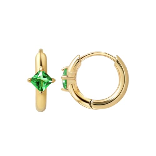 316L Surgical Steel Birthstone Hoop Earrings for Women | Lightweight, 5A Cubic Zirconia, Hypoallergenic, Lead & Nickel Free, 8mm Huggie Hoops - color: 18k gold-plated: 05. May (Emerald)