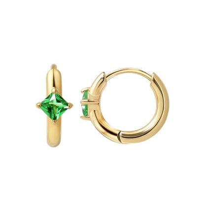 316L Surgical Steel Birthstone Hoop Earrings for Women | Lightweight, 5A Cubic Zirconia, Hypoallergenic, Lead & Nickel Free, 8mm Huggie Hoops - color: 18k gold-plated: 05. May (Emerald)