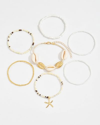 Shell Bracelets for Women Layered Seashell Starfish Bracelets Stackable Stretch Boho Beaded Bracelet Summer Beach Surfer Bracelet Seaside Beach Dress Outfits Accessories - color: A2:shell bracelets