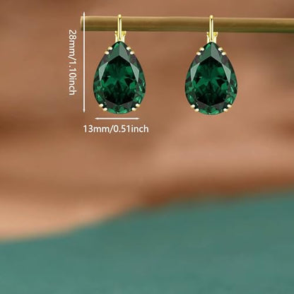 14K Gold Teardrop Crystal Leverback Earrings Sparkly Rhinestone Water Droplet Dangle Drop Earrings For Women - color: Green