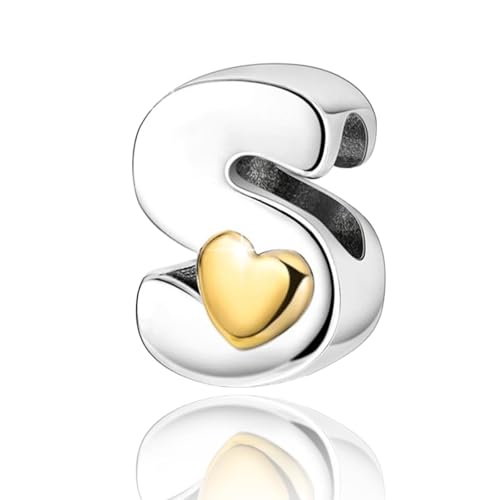 Two-Tone Gold Heart S925 Silver Letter Charm Fits Pandora Bracelet Necklace | Initial Bead Two-Tone Gold Heart, DIY European Bracelet Accessory, Gift for Ladies Birthday Anniversary Valentine - style: S