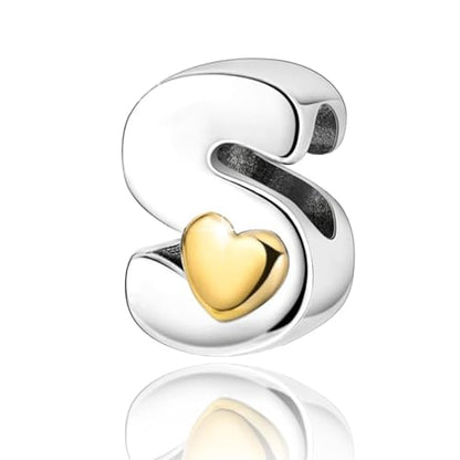 Two-Tone Gold Heart S925 Silver Letter Charm Fits Pandora Bracelet Necklace | Initial Bead Two-Tone Gold Heart, DIY European Bracelet Accessory, Gift for Ladies Birthday Anniversary Valentine - style: S