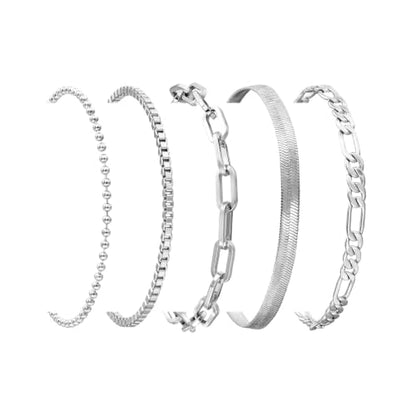 Gold Bracelets Set for Women, Dainty Stackable Layered Bracelet | 14K Gold Plated Adjustable Waterproof Non-Tarnish Paperclip & Curb Link Chain Jewelry Sets Gifts - color: White Gold