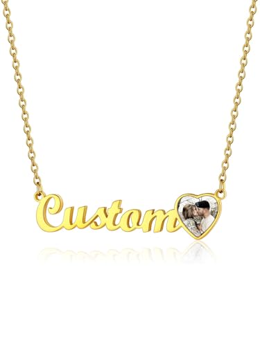 GoldChic JEWELRY Name Necklace Personalized for Men, Womens Custom Name Plate Chain, Stainless Steel Customized Old English Nameplate Choker with Curb Chains Custom, 16 inches to 30 inches - color: Photo & Rolo Chain 1.8 mm -Gold