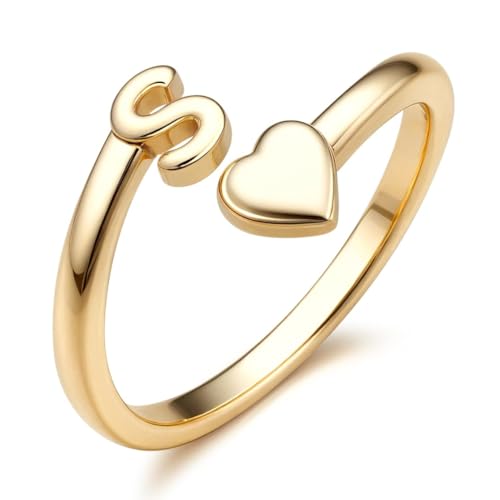 FUNRUN JEWELRY Gold Initial Ring for Women Non Tarnish 14K Gold Plated | Adjustable Letter Rings A-Z Dainty Heart Alphabet Stackable Band Rings Trendy Capital Letter Pinky Knuckle Thumb Ring - style: S Initial Ring