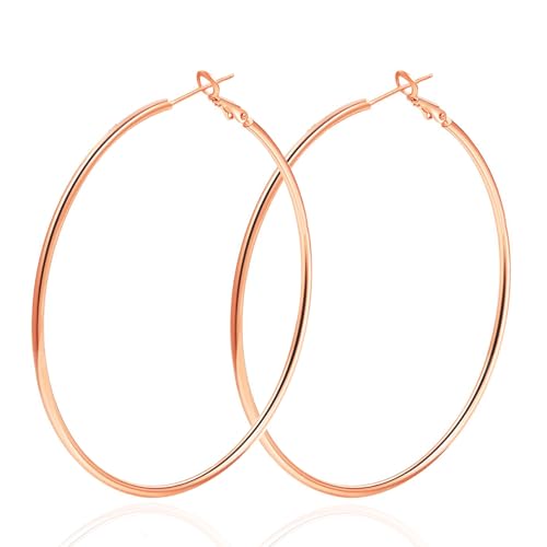 1 Pairs 60/70mm Silver 14K Gold Rose Gold Hoop Earrings for Women Hypoallergenic Stainless Steel Lightweight Big Hoops Shiny Dangle Earrings Trendy Jewelry Gifts - color: 60mm-Rose Gold Hoop Earrings