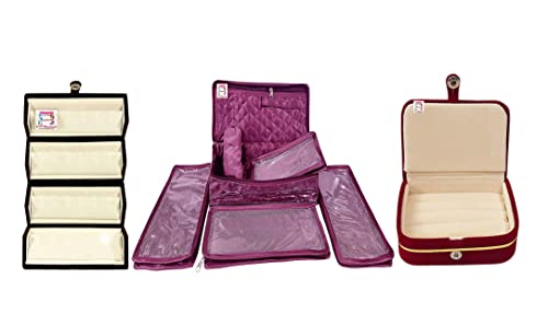 atorakushon Combo Satin Purple Make-Up Pouch Jewellery Box 4 Pouch 1 roll Bangle Bag with Velvet Cream Ring & Earring Folder Jewellery Organizer/Storage Box - style: Combo Jewelry Pouch + Ring Box + 1 Eaering Folder Box