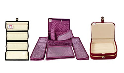 atorakushon Combo Satin Purple Make-Up Pouch Jewellery Box 4 Pouch 1 roll Bangle Bag with Velvet Cream Ring & Earring Folder Jewellery Organizer/Storage Box - style: Combo Jewelry Pouch + Ring Box + 1 Eaering Folder Box