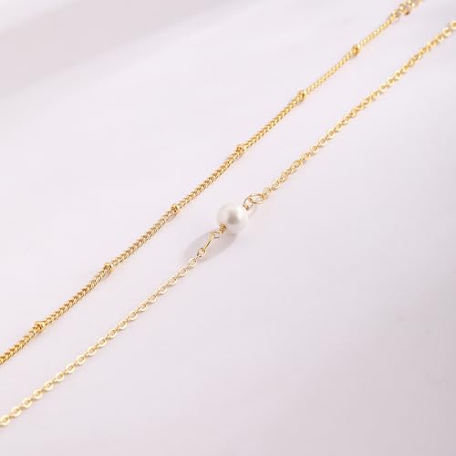 Cuzmly Bracelets for Women, Waterproof 14K Gold/Silver Plated Stackable Bracelets for Women Non Tarnish Trendy Dainty Paperclip Figaro Box Herringbone Hand Chain Bracelet Pack Stack Adjustable Jewelry for Women - style: 2 Single Pearl