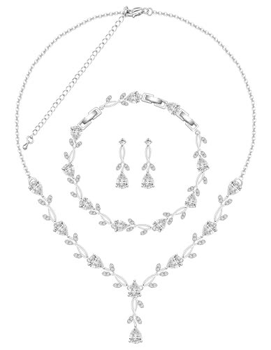 Jewelry Set for Women Bride Bridesmaid Wedding Party Prom Necklace Earrings Bracelet Set Gift for Mother Wife Friend - color: White