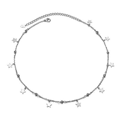 Ladytree S925 Sterling Silver Dainty Simple Choker Necklace,Rolo Chain,Adjustable 13 inches to 16 inches - style: 03_Beads Stars choker