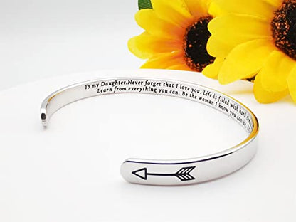 Dczosily Inspirational Bracelets for Women Stainless Steel Cuff Bracelet Engraved Jewelry Motivational Bangles Personalized Gifts for Best Friend/Mom - style: Daughter-To my Daughter.Never forget that I love you...Be the woman I know you can be. LOVE, MOM