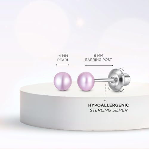 Pearl Screw Back Stud Earrings, 925 Sterling Silver Hypoallergenic - color: Purple, size: 4mm-Medium