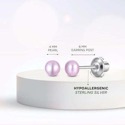 Pearl Screw Back Stud Earrings, 925 Sterling Silver Hypoallergenic - color: Purple, size: 4mm-Medium