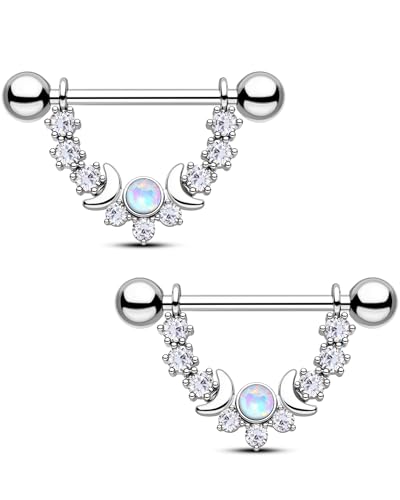 CM Crareesi Mania Opal Nipple Rings 316L Stainless Steel Nipple Shield Ring for Women 14G Moon Phase Nipple Piercing Jewelry - color: Silver-Double Moon