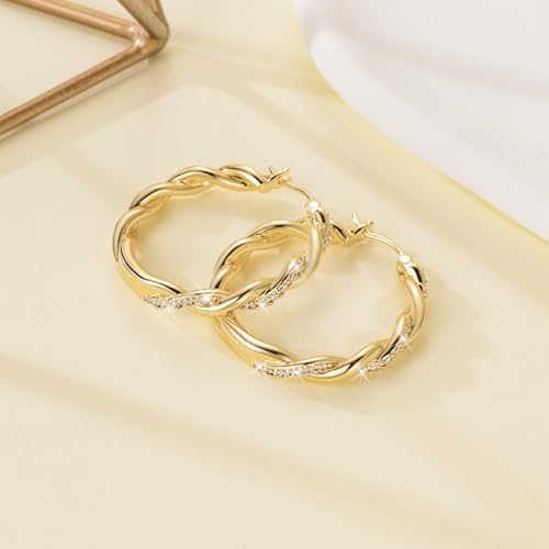 ENROSE Gold Hoop Earrings 14K Gold Earring for Women | Twisted Gold Hoop Earrings Minimalist Diamond Earring Jewelry 29mm*4mm - style: B-GD