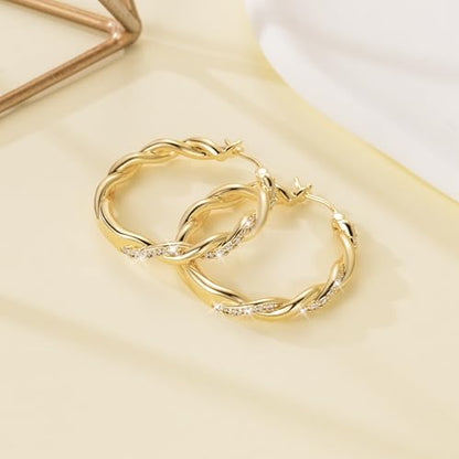 ENROSE Gold Hoop Earrings 14K Gold Earring for Women | Twisted Gold Hoop Earrings Minimalist Diamond Earring Jewelry 29mm*4mm - style: B-GD