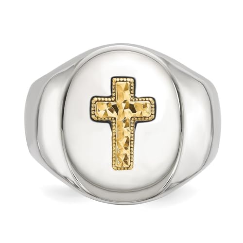 JewelryWeb 9mm Stainless Steel Polished With 14k Accent Sparkle-Cut Religious Faith Cross Oval Signet Ring Size 9 Ring for Women