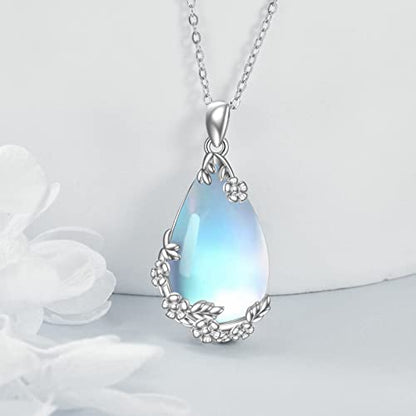 VONALA Sterling Silver Necklace Moss Agate/Turquoise/Larimar/Aquamarine/Opal/Black Onyx/Rose Quartz/Moonstone Pendant Teardrop Necklace Jewelry Gift for Women - style: Moonstone