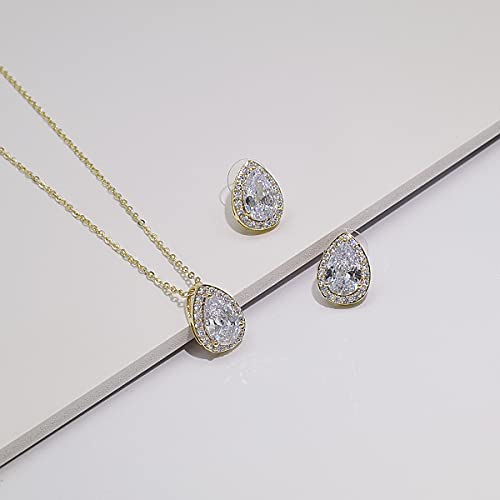 Teardrop Cubic Zirconia Jewelry Set Necklace Earrings Bracelet Bridal Wedding Jewelry for Women Bridesmaid Prom Party - color: 2 Set - Gold Plated