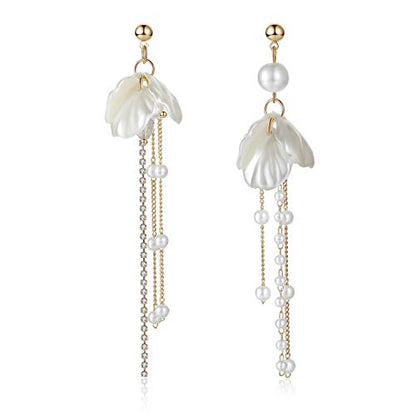 Kruckel Long Dangle Earrings for Women, White Floral Pearl-Inspired | Pearl Drop Earrings, Lightweight Gold-Tone Jewelry for Weddings, Parties, Bridesmaids, Birthdays and Occasion Gifts - color: White