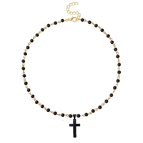 Small Dainty Cross Necklace Pendant Bohemian Turquoise Seed Bead Beaded Necklace Choker for Women Men Faith Jewelry Gift - color: 06 Black