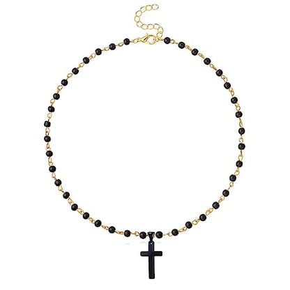 Small Dainty Cross Necklace Pendant Bohemian Turquoise Seed Bead Beaded Necklace Choker for Women Men Faith Jewelry Gift - color: 06 Black