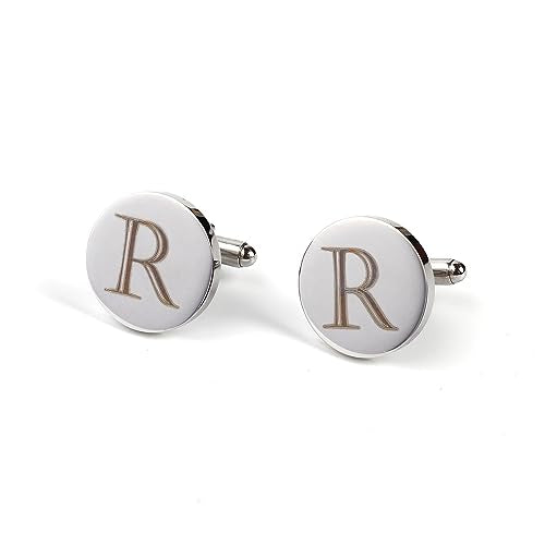 Mens Initial Silver Cufflinks A-Z Alphabet Letter Steel Cuff Links with Engraved Walnut Wood Box Groom Groomsman Wedding Set… - style: R