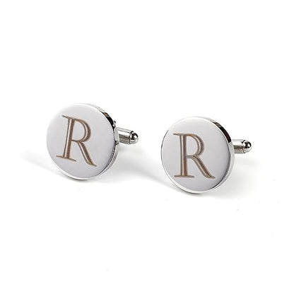Mens Initial Silver Cufflinks A-Z Alphabet Letter Steel Cuff Links with Engraved Walnut Wood Box Groom Groomsman Wedding Set… - style: R