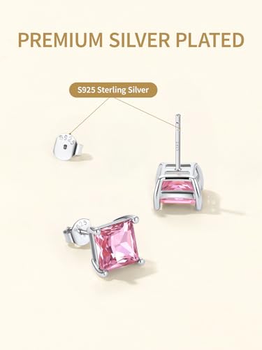 FindChic 2 Carat Birthstone Stud Earrings for Women, Round/Heart/Princess Cut Stud Earrings, Hypoallergenic Studs with 925 Sterling Silver Posts, 12 Months Birthday Jewelry Gift - color: 07. July-Ruby(Princess Cut)