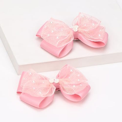 KISZU 4.5 Inch Flower Hair Bows Clips Mermaid Pearl HairPins for Girls Children Teens and Women - color: Deep Pink