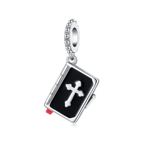 925 Sterling Silver Charms for Bracelets and Necklace Religious Cross Pendants Praying Hands, Bible, Virgin Mary, Jesus, Church Bead Jewelry - color: Holy Book Charms