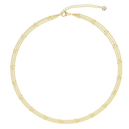 CHESKY 14K Gold Plated Silver Dainty Satellite Choker Necklace for Women | Layered Beaded Chain Necklace, Thin Choker Jewelry, Dainty Gold necklace, Minimalist Trendy Jewelry, Daily Gift for Women - style: 3beads-gold