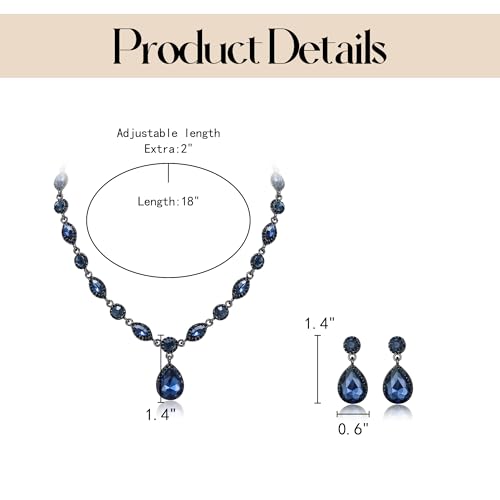 EleQueen Women's Teardrop Necklace Earrings Jewellery Set for Party Prom | Wedding Bridal Costume Jewelry Set for Brides Bridesmaids, Crystal Teardrop Necklace Dangle Earrings - color: Sapphire Color Black-Tone