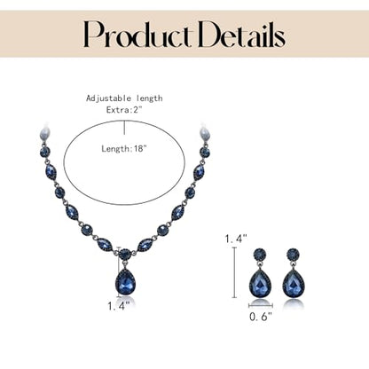 EleQueen Women's Teardrop Necklace Earrings Jewellery Set for Party Prom | Wedding Bridal Costume Jewelry Set for Brides Bridesmaids, Crystal Teardrop Necklace Dangle Earrings - color: Sapphire Color Black-Tone