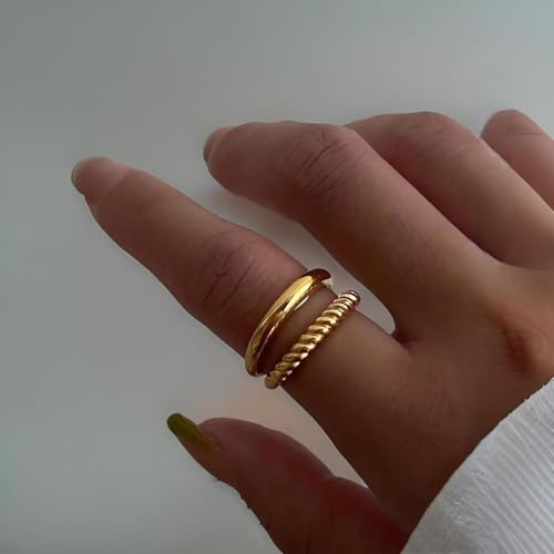 18K Yellow Gold-Plated Non-Tarnish Double Band Knuckle Ring for Women – Stackable Midi Ring, Minimalist Fashion Jewelry