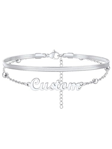 Custom4U Custom Name Anklet Bracelets for Women Waterproof Beaded/Figaro/Cuban/Rope/Wheat Chain Anklet Stackable Gold Plated Non Tarnish Custom Beach Gift Barefoot Summer Jewelry for Her - color: F02-Silver Herringbone Chain
