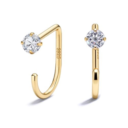 925 Sterling Silver 14K Gold Plated Huggie Half Hoop Earrings | Sleep-Friendly Poke-Free Hypoallergenic Stackable Earring Comfortable & All Day Wear - color: CZ-Yellow Gold