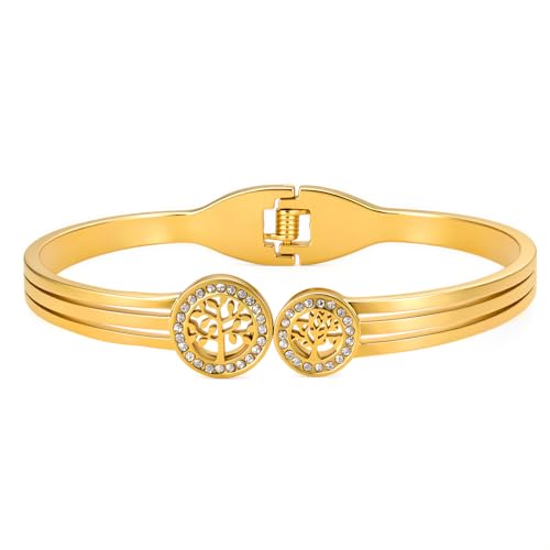 hotoo Gold Open Cuff Bangles Wide Woven Bracelets For Women Stainless Steel Stackable Jewelry For Xmas Birthday Gifts - style: Tree of Life