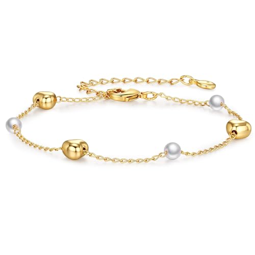 Gold Pearl Bracelet for Women, 18K Gold Plated Dainty Pearls Beaded Chain Bracelet Jewelry Gifts for Women - color: E-Gold 5