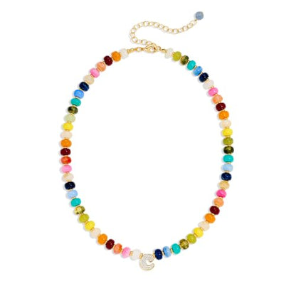 Colorful Beaded Initial Necklace for Women - Colorful Letter A-Z Necklaces, 14K Gold Plated Zirconia Bubble Letter Charm, Women Gold Jewelry Personalized Birthday Gifts - color: C