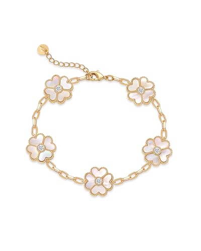 PAVOI 14K Gold Plated Clover Bracelets for Women - Flower Four Leaf Clover Bracelet - Mother of Pearl & Onyx Gemstone Lucky Flower Design - Adjustable Trendy Jewelry Gifts - style: Mother of Pearl Flower